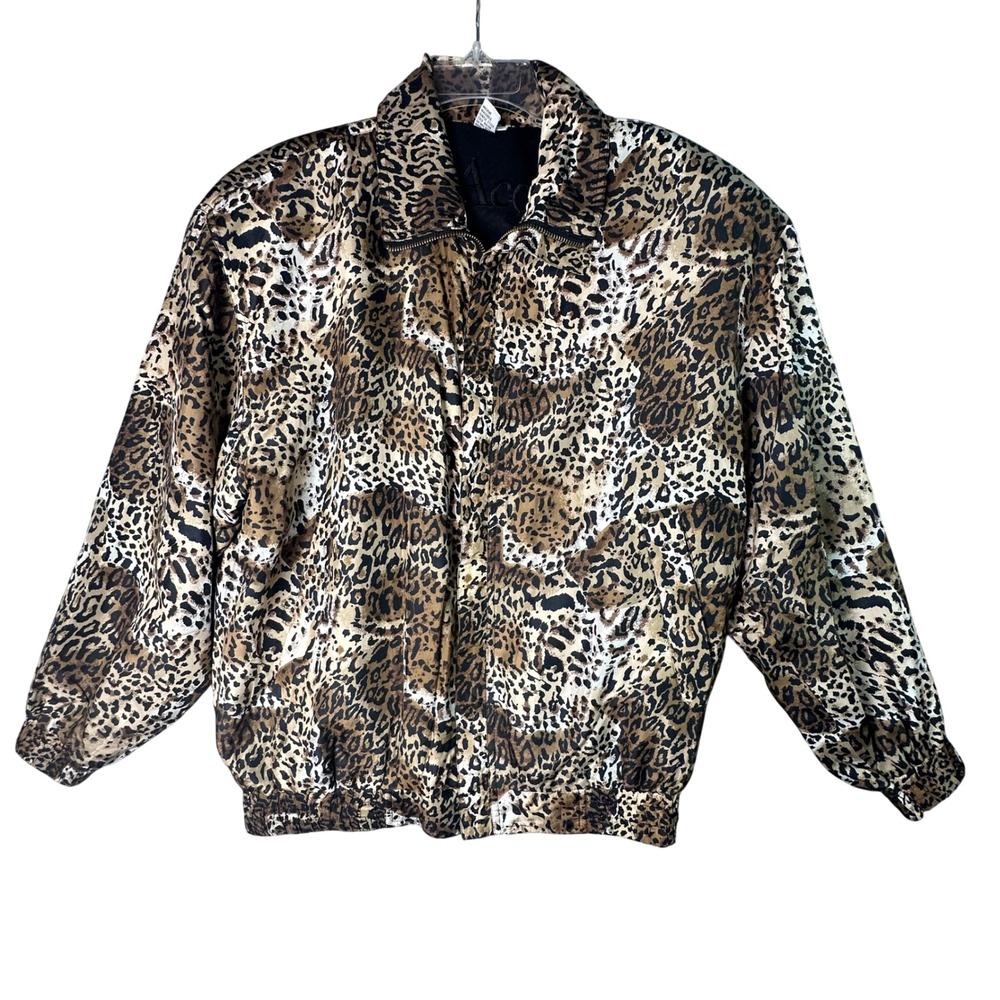 COACO Silk Leopard Print Bomber Jacket Mob Wife Y2K Small Brown Maximalist